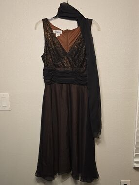 Patra Brown and Black Lace V-Neck Midi Dress with Scarf